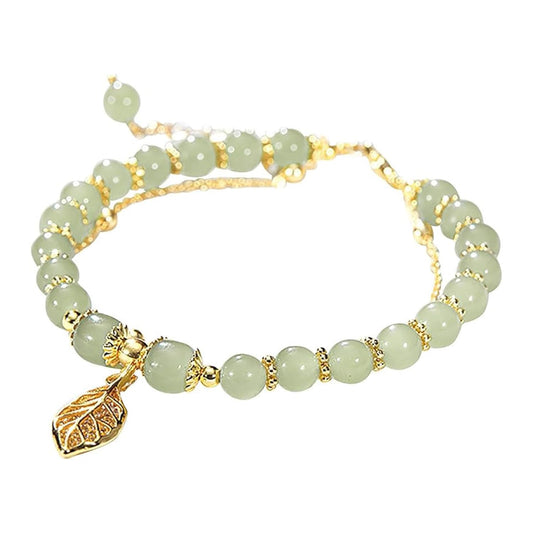Progresssail Hetian Jade Bracelet for Women Double Layer Green Beaded Monstera Palm Leaf Bracelet Adjustable Classic Bracelet with Zircon Leaf Charm Ladies Jewelry