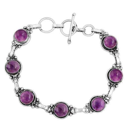Natural Amethyst 925 Silver Plated Round Gemstone Adjustable Bracelet for Women - February Birthstone Bohemian Vintage Style Handmade Jewelry Bracelet - Gift for Her