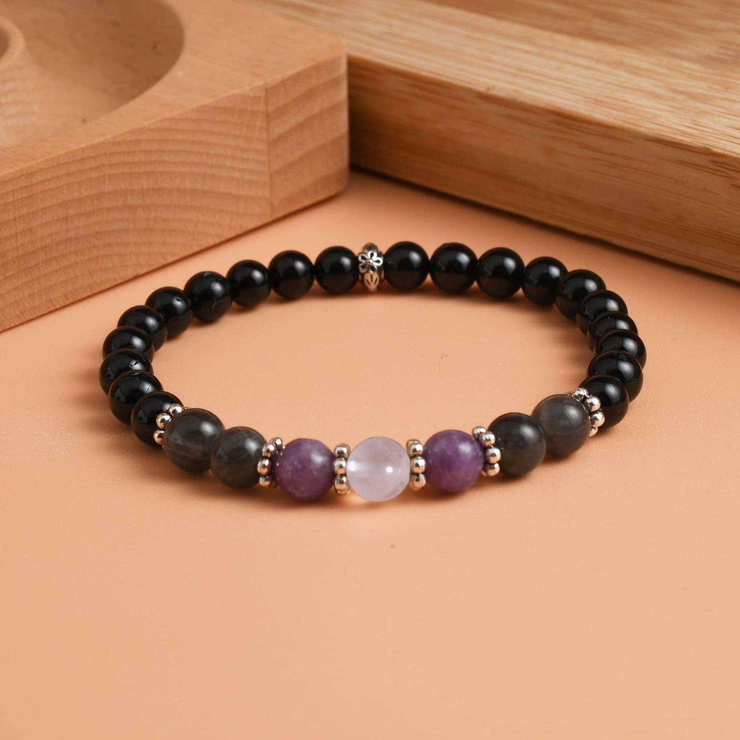 Gracayfr Anxiety Relief Bracelet Protection Black Tourmaline Labradorite Lepidolite Rose Quartz Healing Crystal Grief Support Gifts Items Jewelry Women Lepi Ros Labra