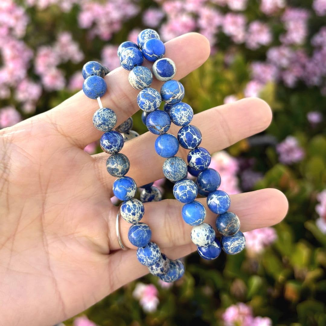Adabele Real Natural Blue Impression Aqua Terra Sea Sediment Jasper Gemstone Beaded Bracelet 7 inch Stretch Chakra Healing Crystal Stone Jewelry Women Mom Gift GB8-3