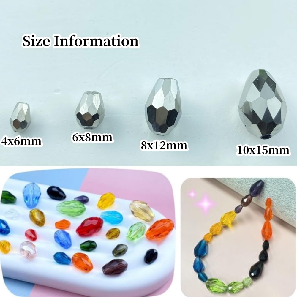 Honkoolly 130pcs 6x8mm Teardrop Crystal Glass Beads Vertical Hole Faceted Glass Teardrop Spacer Beads for Bracelets Necklace Earring DIY Jewelry Making Craft(Silver)