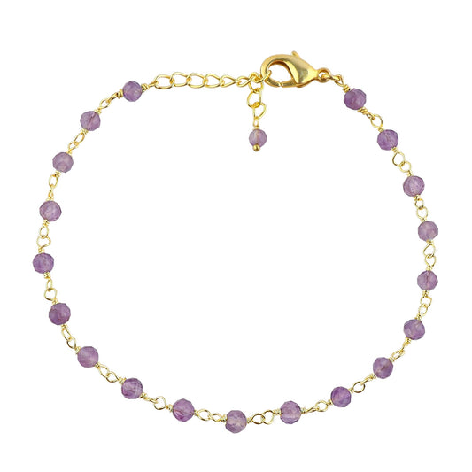 CRYSTALINES Natural Amethyst Gemstone Cluster Bracelet, 14K Gold Plated Rosary Chain Beads, Handmade Boho Jewelry for Women, Healing Crystals, February Birthday Christmas Gift, 8"
