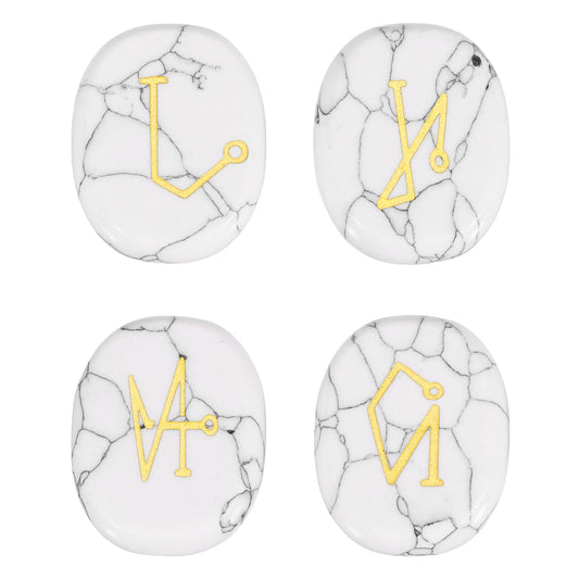 MECCANIXITY 4Pcs Engraved Chakra Stones with Reiki Symbols, White Howlite Reiki Healing Crystal Gemstone 7 Chakra Crystal Stones Tumbled Palm Stone for Anxiety Relieve