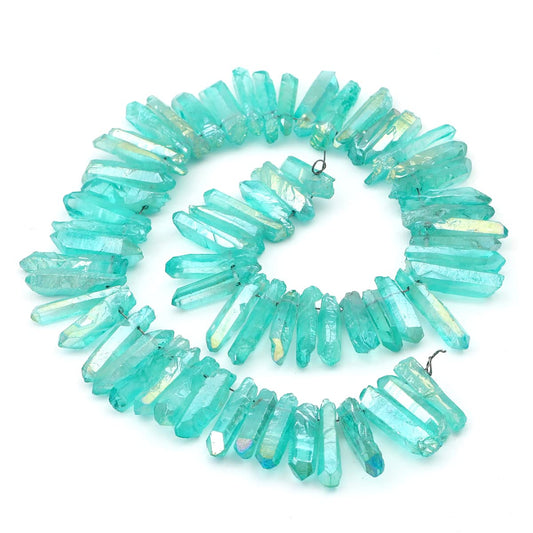 BEADIA Light Green Titanium Coated Crystal Quartz Spike Point Stick Beads Rough 1.0"-1.5" for Jewelry Making 15 Inch/Strand