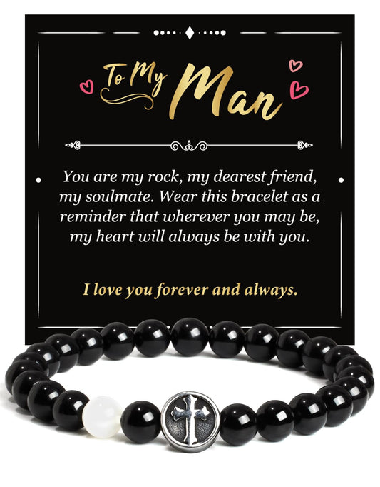 Landorilo Gifts for Men, 8mm Cross Natural Stone Beaded Bracelets, Black Tourmaline Healing Bracelet, Handmade Mens Jewelry Gift for Him, Husband, Son, Father, Friend(To My Son-8.3in)