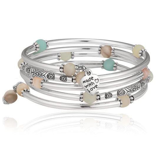 FULU AUTUMN Beaded Bangle Bracelets for Women Silver Wrap Bangles Bracelet Womens Costume Jewelry Fashion Gift(Amazon Green)