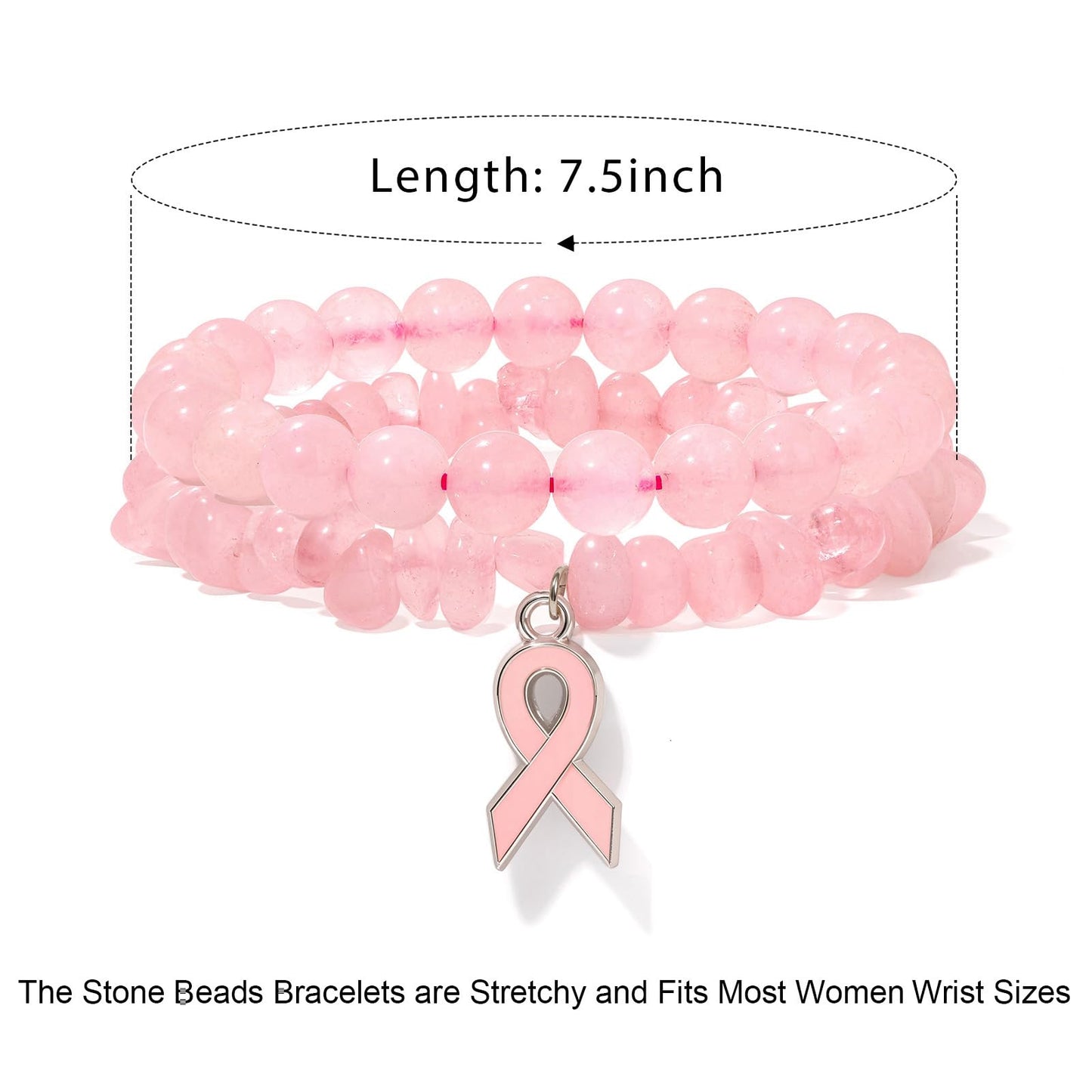 GolbalJew Breast Cancer Awareness Bracelets for Women Pink Ribbon Charm Rose Quartz Beads Bracelet Natural Stone Breast Cancer Encouragement Jewelry Gifts