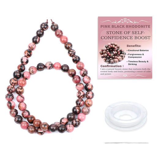 CMBYN Natural Stone Beads Round Genuine Real Stone Beading Strand Loose Gemstones DIY Smooth Bead for Bracelet Necklace Earrings Jewelry Making (Pink Black Rhodonite, 6mm 60 Pieces)