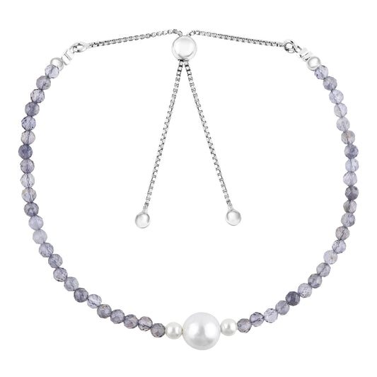 CRYSTALINES Natural Blue Iolite Gemstone Bolo Bracelet, Cultured Pearl Beads Stones, Handmade Hypoallergenic Boho Jewelry for Women, Healing Crystals, Adjustable Silver Plated 6+4inch, Birthday Gift