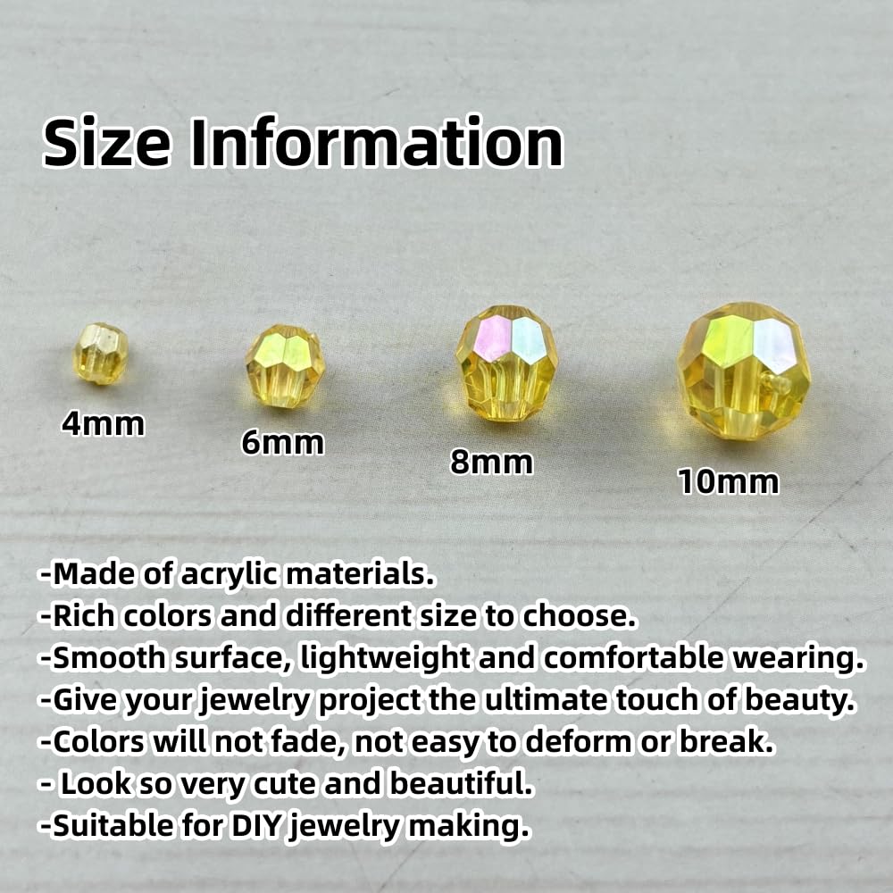 Pinhoollgo 1800pcs Acrylic Faceted Round Beads 4mm 6mm 8mm 10mm AB Colors Glossy Acrylic Round Spacer Beads with Hole for DIY Bracelet Necklace Jewelry Making Supplies Handmade Craft(Yellow AB)