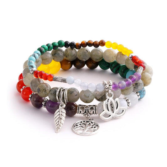UEUC Natural Gemstone Chakra Bracelets for Women, Multilayer Tree of Life Lotus Crystal Healing Stone Bracelet Sets, Yoga Meditation Reiki Relax Bracelets for Stress Relief(#105)