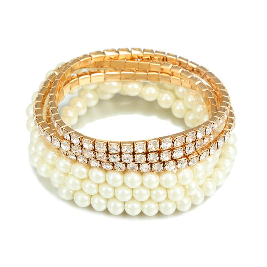 COLORFUL BLING Women Multilayer Temperament Imitated Pearl Stackable Strand Bracelets Beaded Seed Heart Rhinestone Crystal Stretch Bracelet Wedding Wrist Jewelry-zircon