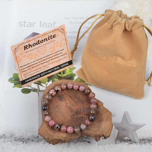 MASSIVE BEADS Pink Black Rhodonite - Stone of Fortune - Handmade Yoga Stretch Elastic Bracelet Natural Stone Crystal Healing Power Energy Gifts for Unisex Adult 8mm