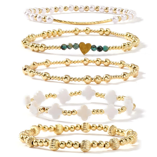SHINUS BOHO Heart Gold Beaded Clover Pearl Bracelet Stack for Women,Bohemian Stretch Latern Beads Stackable Bracelets Set Fashion Prom Holiday Accessories Jewelry Gift Friendship