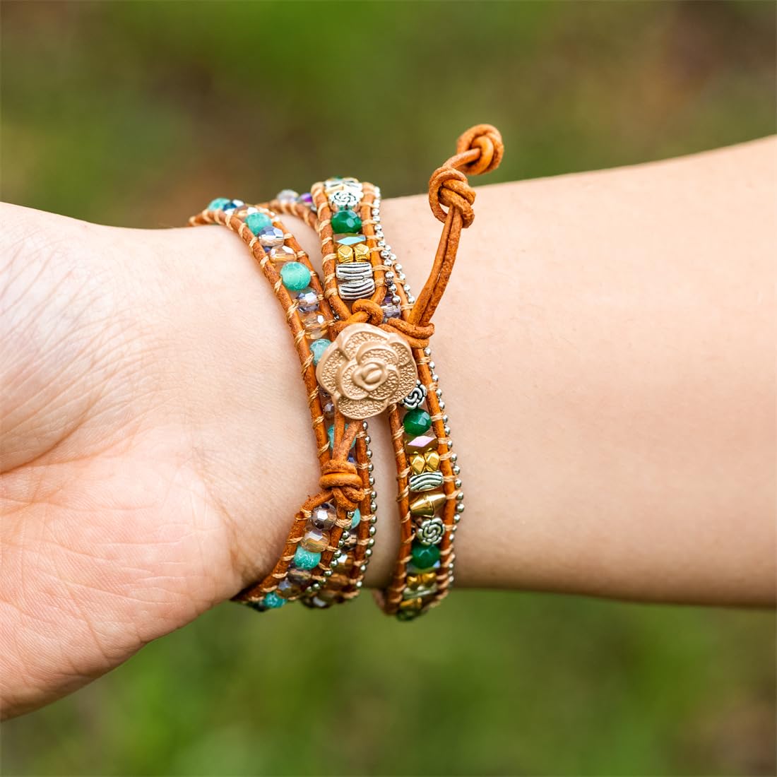 YGLINE Boho 3 Wrap Bead Bracelet Handmade Adjustable Natural Green Agate Stone Crystal Beaded Bracelets Leather Rope Yoga Healing Bracelet Jewelry
