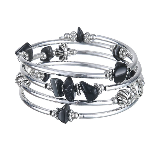 FULU AUTUMN Stone Silver Bangle Wrap Bracelet Boho Turquoise Crystal Chips Bead Bracelets Fashion Jewelry Birthday Gifts for Women(19-Black)