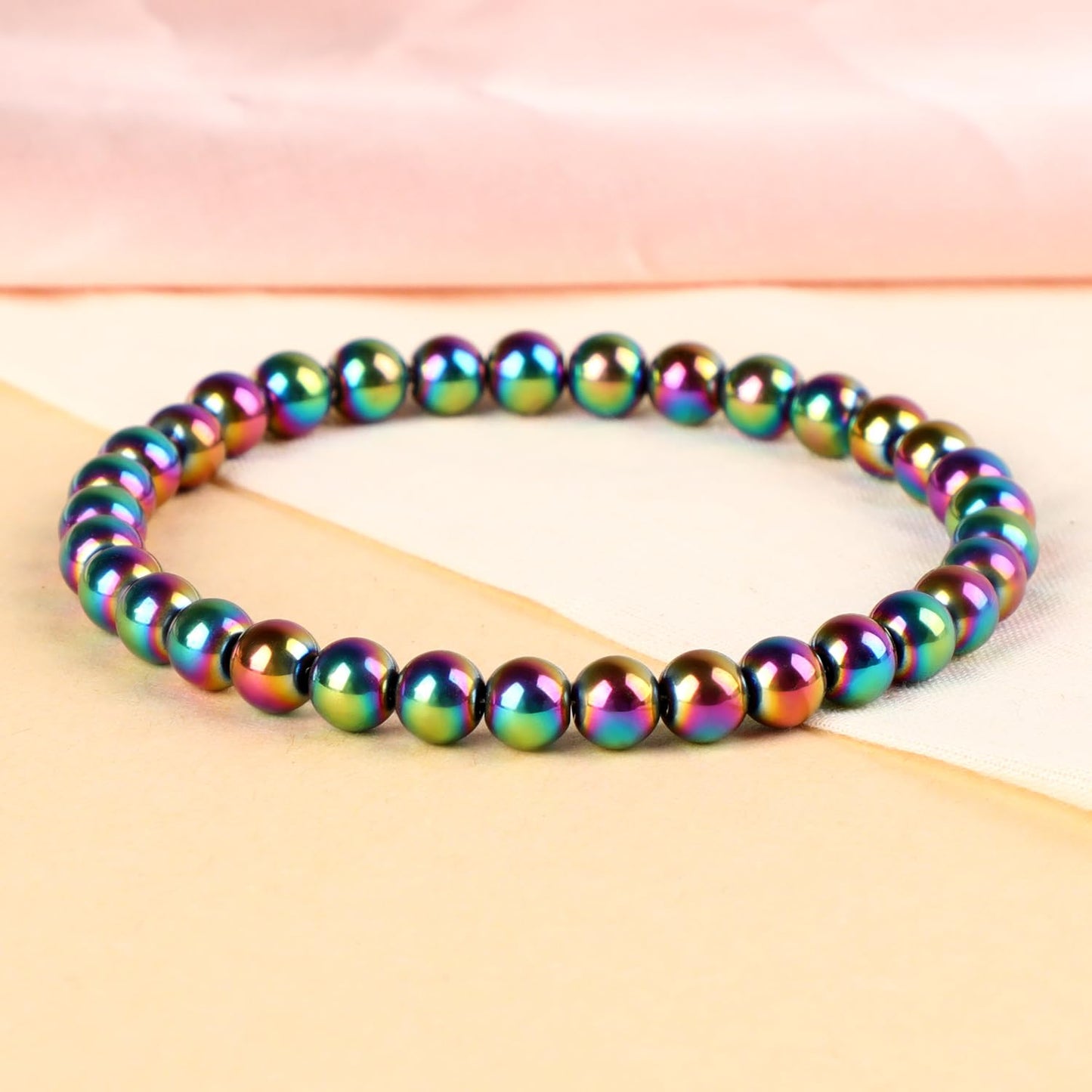 LPBeads Handmade Natural Gemstone Stretch Elastic 6mm Rainbow Coated Hematite Bracelet Healing Crystal Round Stone Beads Jewelry Gifts for Women Men