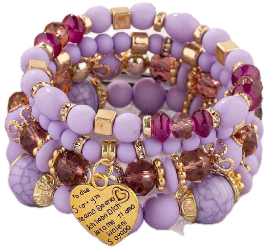 Jewellify Stackable Beaded Bracelets for Women Retro Tassel Multi-Layer Mixed Color Beaded Bracelet Bangles Set Gemstone Woven Female Jewelry Bracelet (Purple)
