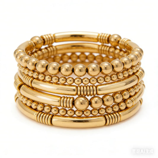 LXSSLY 5Pcs Gold Bangles Bracelets Set for Women,14K Gold Plated Stackable Bead Ball Bracelets Set,Adjustable Bead Bracelets,Boho Stretch Bead Ball Bracelet for Women, 7 in