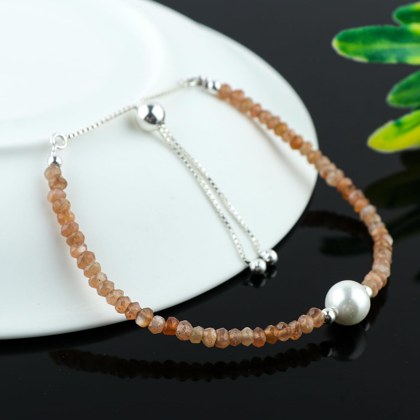 CRYSTALINES Natural Peach Moonstone Gemstone Bolo Bracelet & Pearl, Faceted Beads Stones, Handmade Boho Hypoallergenic Jewelry, Healing Crystals, Silver Chain 6+4inch, June Birthstone Gifts