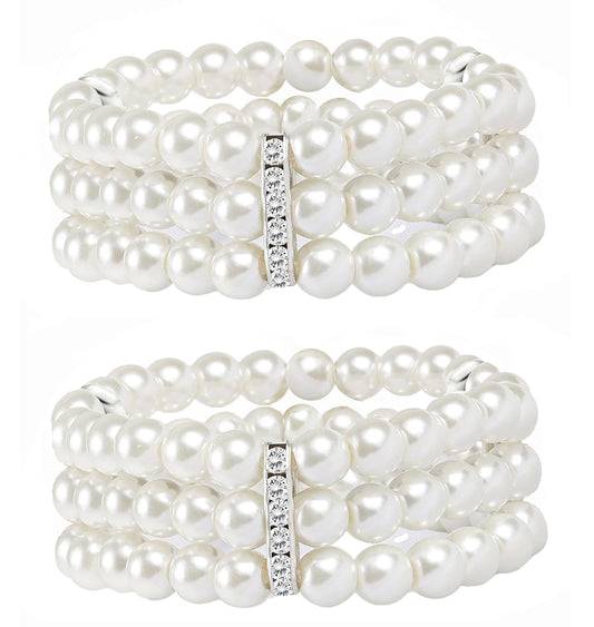 MONAZEO 2-8Pcs Vintage Pearl Bracelet 3-Row Pearl Stretch Bracelet Multi-Layered Elastic Bangle Bridal Wedding Jewelry 1920s Flapper Costume Accessories for Women