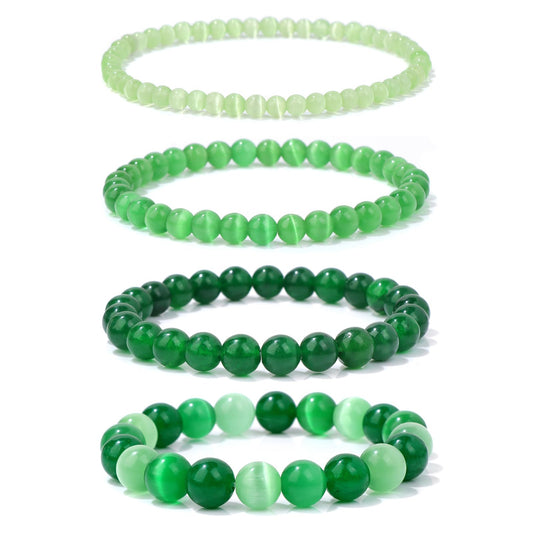 Vinswet 4pcs Natural Stone Beaded Bracelets for Women Men,Healing Crystal Gemstones Stretch Bracelet,4mm 6mm 8mm 10mm Green jade Light Dark green cat eyes Anxiety Stress Relief Bracelet Jewelry Gifts