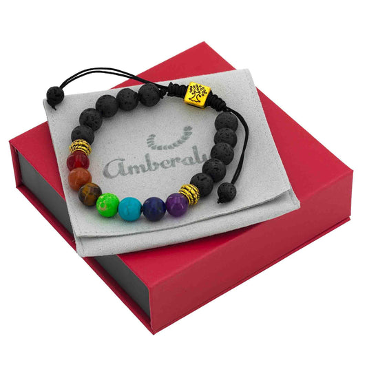 Amberalia Chakra Bracelet, Adjustable, Lava Stone Beads, Tree of Life Charm, Gold