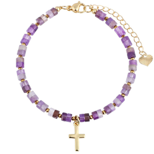 Natural Gemstone Healing Crystal Amethyst Dainty Charms Cross Bracelet Adjustable Chain Extender Minimalist Jewelry