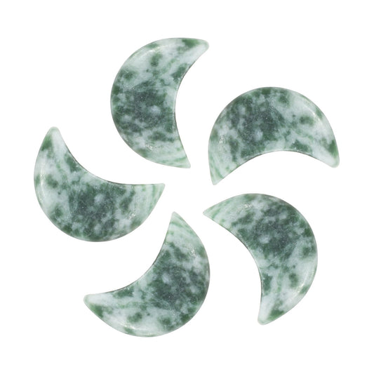 MECCANIXITY 5 Pcs Moon Crystal Worry Stone, 0.5 Inch Length Natural Green Spotted Jasper Moon Gemstone Bulk, Carved Pocket Stones for Meditation Balancing Pendant Decor