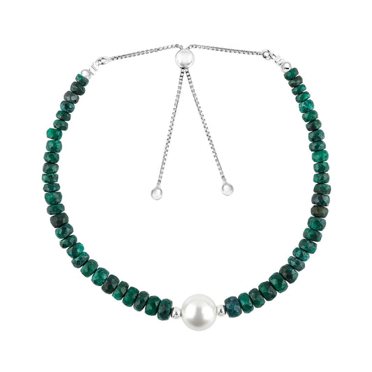 CRYSTALINES Genuine Emerald Color Corundum Gemstone Bolo Bracelet with Pearl Beads, Handmade Hypoallergenic Jewelry, May Birthstone, Healing Crystals, Silver Chain 6+4inch, Trendy Gift