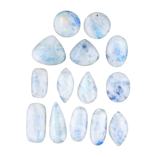 GemSymphony Natural Rainbow Moonstone Gemstone Cabochon Pack of 3 Mixed Shapes – Polished Crystal Stones for Jewelry Making Supply, Healing, Reiki & DIY Crafts, Natural Gem Cab Set for Wire Wrapping (10-20 mm)