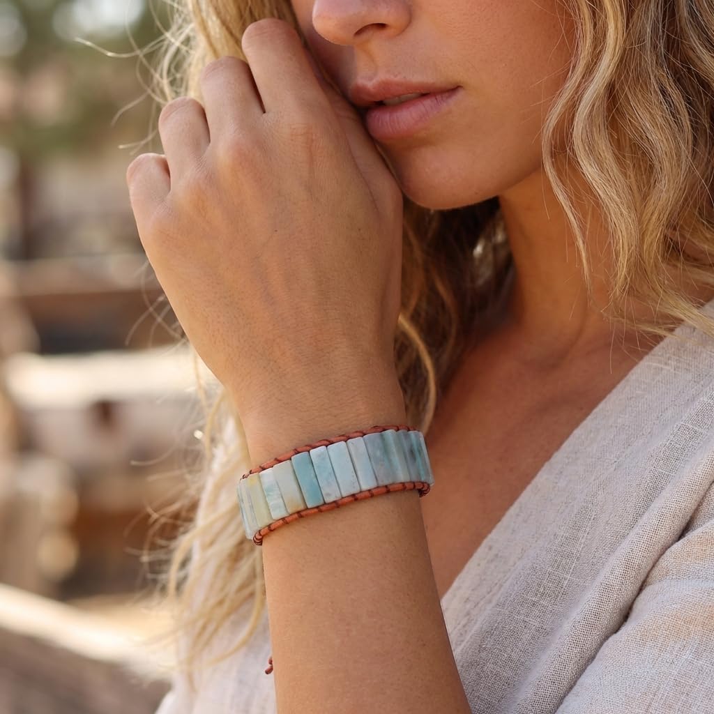 YGLINE Boho Handmade Wrap Leather Tube Crystal Stone Bracelet for Women (Amazonite)