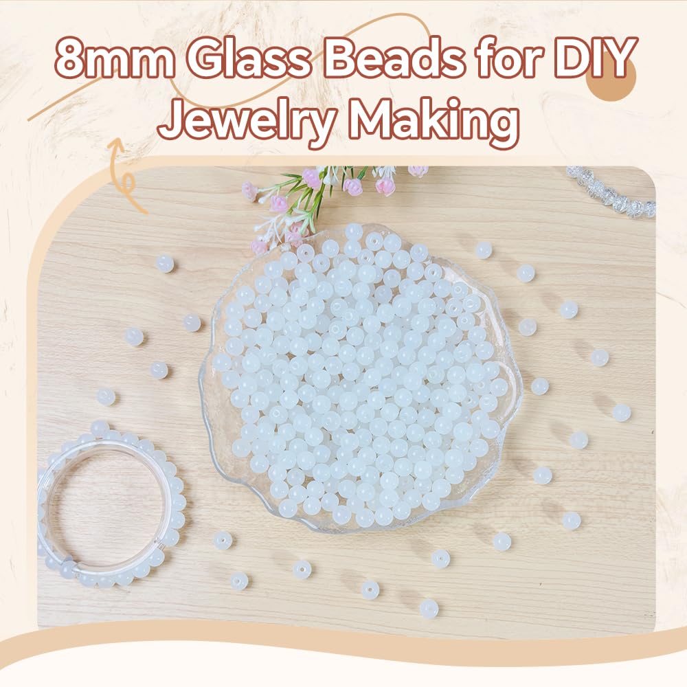 PAMIR TONG 400pcs 8mm White Round Glass Beads for Bracelet Pretty Smooth Loose Beads for Necklace-Earring-Jewelry Making-Home Decor and DIY Crafts & Projects