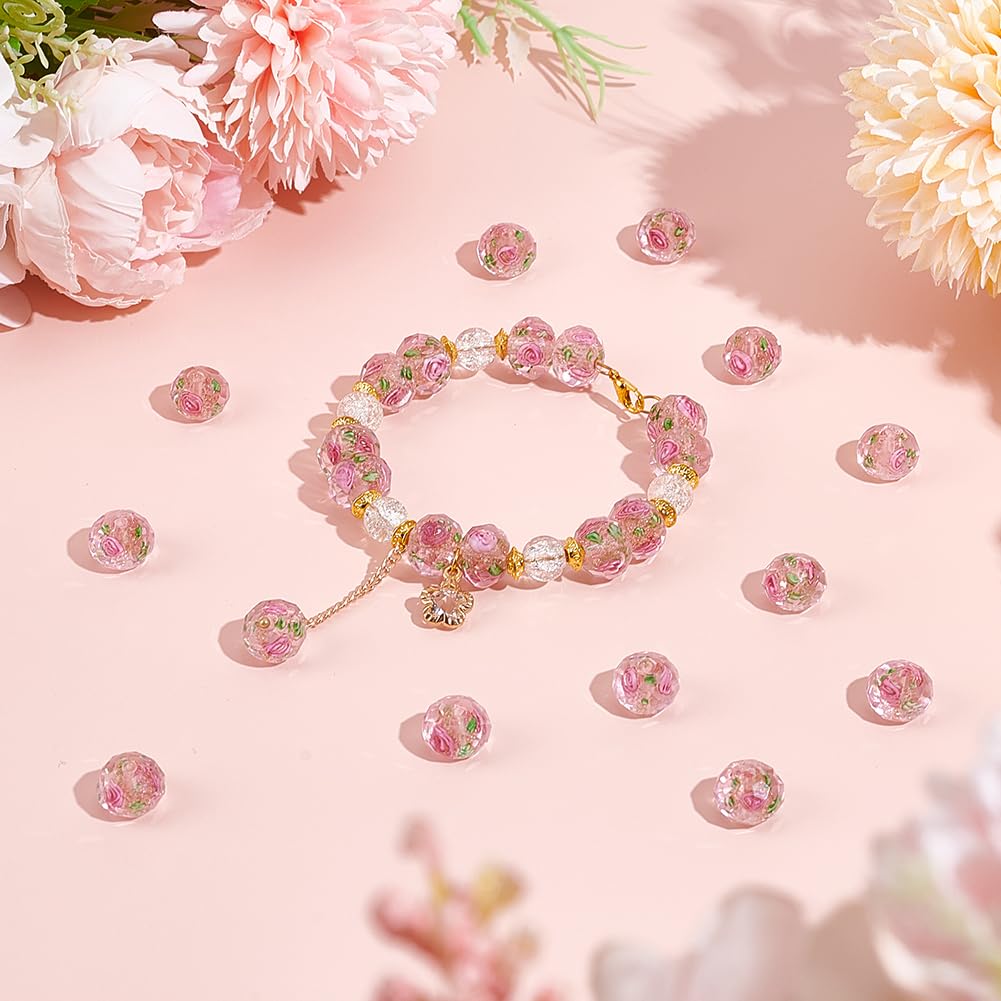 PH PandaHall 45pcs 11~12mm Gold Sand Lampwork Beads Glass Handmade Round Loose Beads for Rosary Making Jewelry Craft Making with 2mm Hole - Gloden Pink