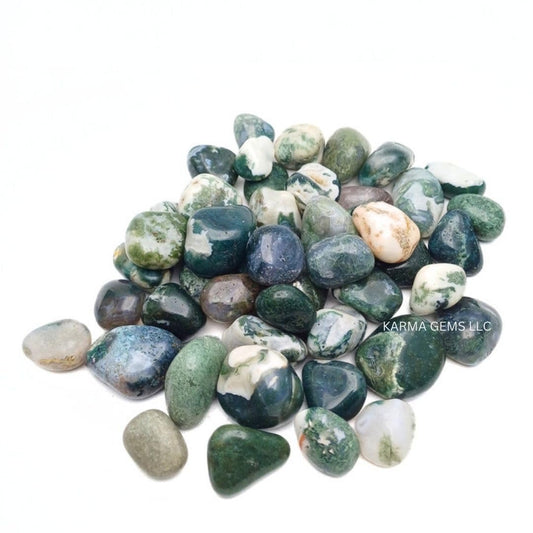 Karma Gems 1lb Moss Agate Tumbled Stones - Polished Stones for Positive Energy - Crystal Kit for Fresh Mind & Restful Sleep - Healing stone for Chakra Balancing -Ideal for Gift & Home Decor (15-25 Mm)