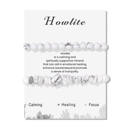 Lit Wall 2Pcs Unisex Adult Howlite Bracelet Set - 6mm Handmade Adjustable White Beaded Gemstone Bracelets - Stretch Bracelets - Strand Form - Howlite Stones - No Metal Type