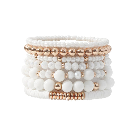 GOOJIDS White Surfer Heishi Clay Bead Bracelets for Women Bohemian Stackable Gold Plated Beaded Stretch Bracelets Elastic Layering Friendship Bracelets Set Boho Jewelry