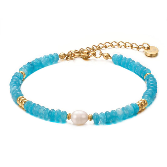 vissen Blue Natural Stone Bracelet for Women Gold Plated Stainless Steel Freshwater Pearl Cultured Dainty Bracelet Jewelry Gift