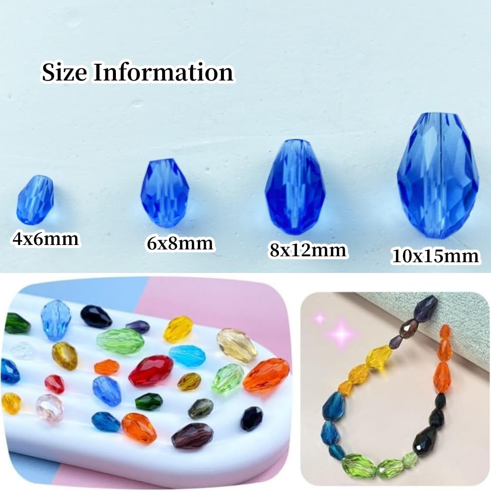 Honkoolly 200pcs 4x6mm Teardrop Crystal Glass Beads Vertical Hole Faceted Glass Teardrop Spacer Beads for Bracelets Necklace Earring DIY Jewelry Making Craft(Light Blue)