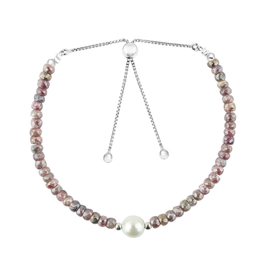 CRYSTALINES Coated Silverite Gemstones Beads Bolo Bracelets with Pearl, Handmade, Birthstone, Beaded Bracelet, Crystals Jewelry, Women Bracelet, Silver Plated Adjustable Chain 10inch