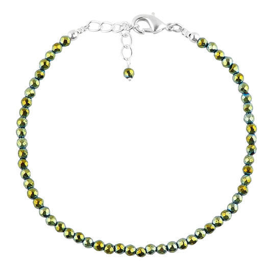 CRYSTALINES Genuine Green Hametite Gemstone Bracelet, Faceted Beads Stones, Hypoallergenic Handmade Boho Jewelry for Women, Healing Crystals, Adjustable Silver Chain 7+1inch, Birthday Gift