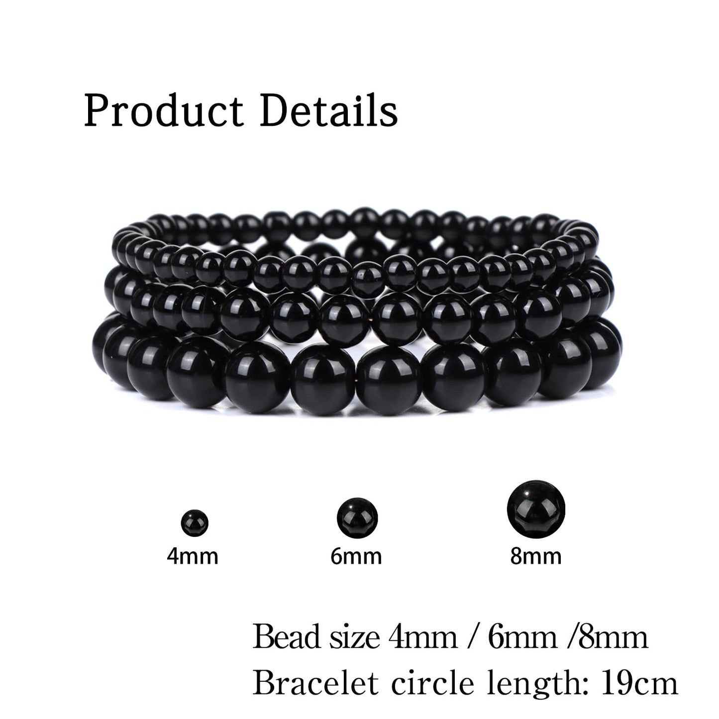 Risyfjew 3 PCS Natural Stone Beaded Stretch Bracelet 4mm 6mm 8mm Healing Crystal Bracelets Women Black Onyx Jewelry Gift