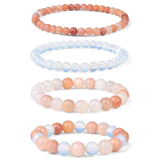 Vinswet 4pcs Natural Stone Beaded Bracelets for Women Men,Healing Crystal Gemstones Stretch Bracelet,4mm 6mm 8mm 10mm Pink aventurine Crystal Opal Anxiety Stress Relief Bracelet Jewelry Gifts