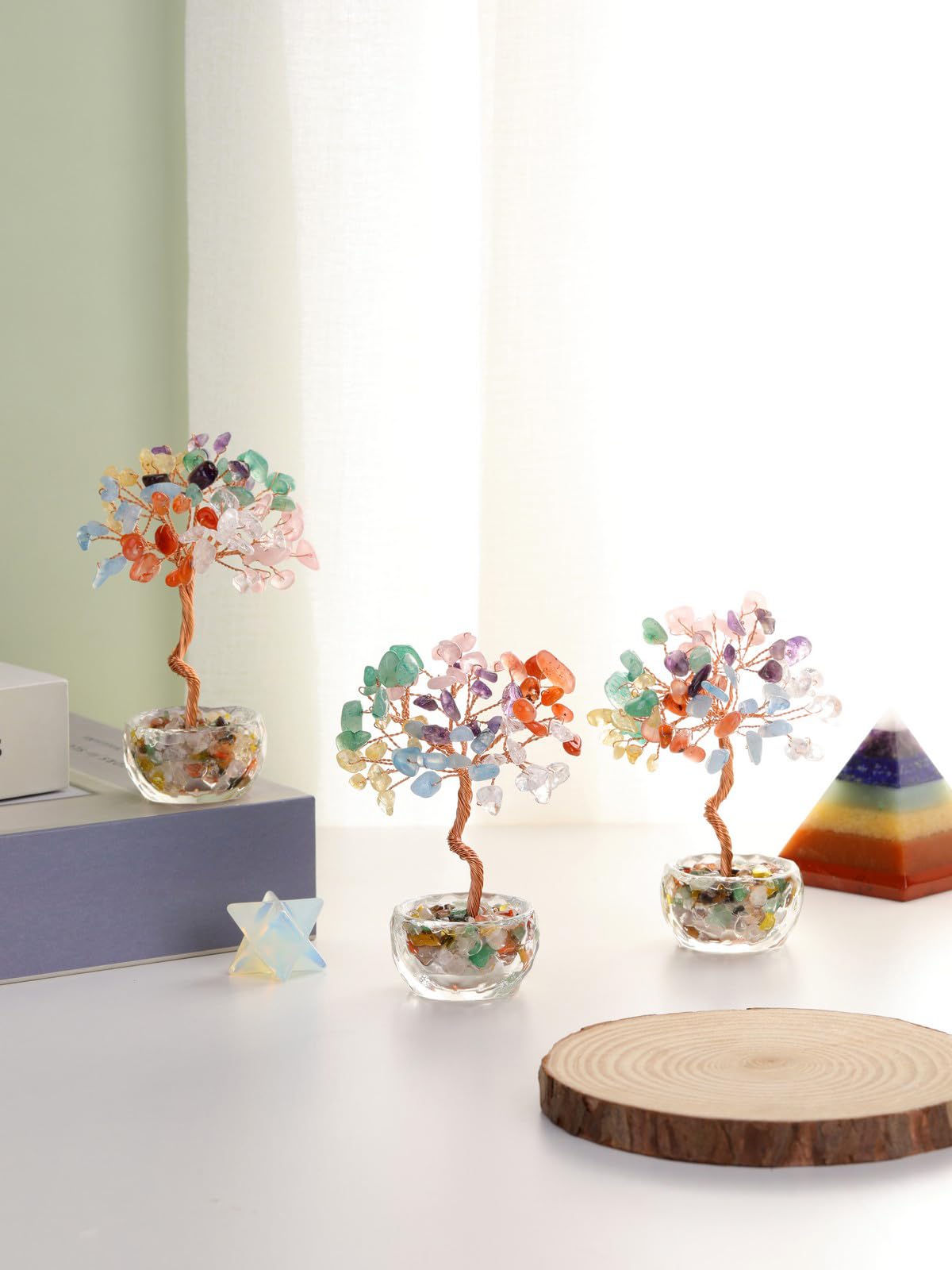 Jovivi Small 7 Chakra Crystals Tree, Natural Crystal Healing Stones Tree Glass Bowl Base Gemstone Money Trees Feng Shui Good Luck Home Desk Decor
