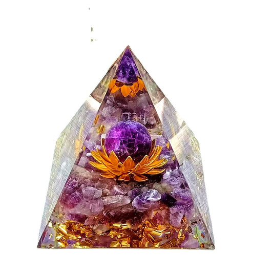 ycyingcheng Moonstone Crystal Orgone Pyramid Ogan Crystal Energy Tower, Nature Reiki Chakra Crushed Stone Jewelry, Crystal Pyramid for Home Decor (Lotus Base Amethyst)
