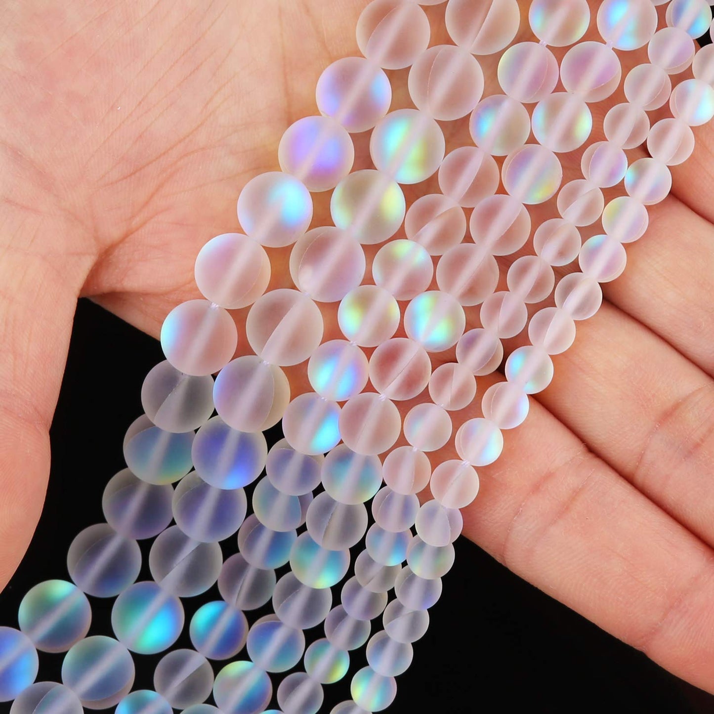 Matte White Aurora Crystal Glass Beads, 6MM Frosted Glitter Shining Mermaid Round Loose Beads, Rainbow Holographic Synthetic Moonstone for Jewelry Making DIY Bracelet