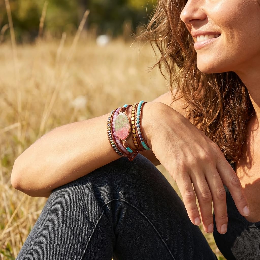 YGLINE Handmade Natural Regalite Jasper Stone 5 Strands Wraps Boho Statement Women Bracelet Collection