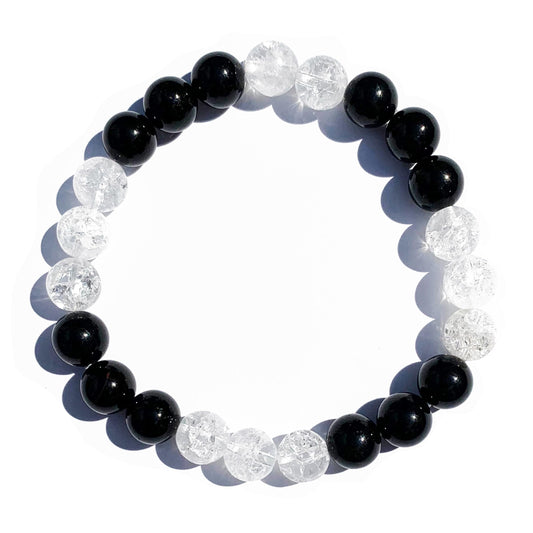 Joyfulmuze Tourmaline and Clear Quartz Bracelet, Black and White Crystals, Chakra Energy Healing, Handmade Jewelry for Women and Man, Fit 6.5-7 inches Wrist (Tourmaline - Clear Quartz)