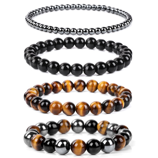 Vinswet 4pcs Natural Stone Beaded Bracelets for Women Men,Genuine Tigers Eye Black Obsidian and Hematite Bracelet,Handmade Triple Protection Bracelet Bring Luck and Prosperity and Happiness
