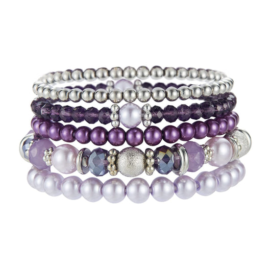 Noessla Beaded Pearl Stretch Bracelet Silver Stackable Crystal Beads Bracelets Trendy Costume Jewelry Mothers Day Gifts for Women(Purple)